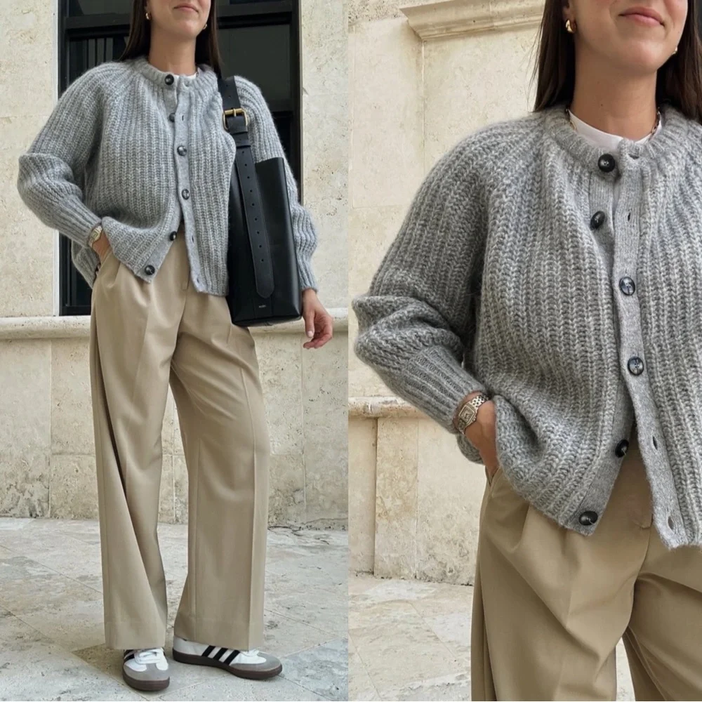 SEZANE BLOGGER FAVE Gray Alpaca Wool Oversized Cardigan Sweater Emile Jumper L - Picture 16 of 16
